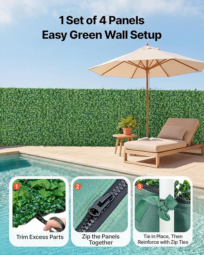 VEVOR Artificial Plant Wall, 4 PCS, Each Panel 2 x 8 ft Artificial Boxwood Panels, Sun Protection Greenery Backdrop Privacy Hedge Fence, Fake Grass Screen for Wedding, Indoor,Outdoor Garden Mixed Leaf