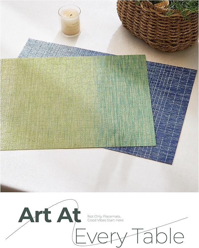 Leetaltree Gradient Green Woven Placemats Set of 6 - Heat Resistant Non-Slip Place mats for Dining Table, Washable Durable PVC Vinyl Woven Table Mats(Gradient Green, 6)