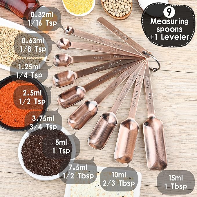 Copper Measuring Spoons Set 10, Stainless Steel Measuring Spoons for Kitchen & Baking, Long Handle Metric & US Metal Measure Spoon with 1/16tsp, 3/3tsp, 2/3tbsp for Spice Jar