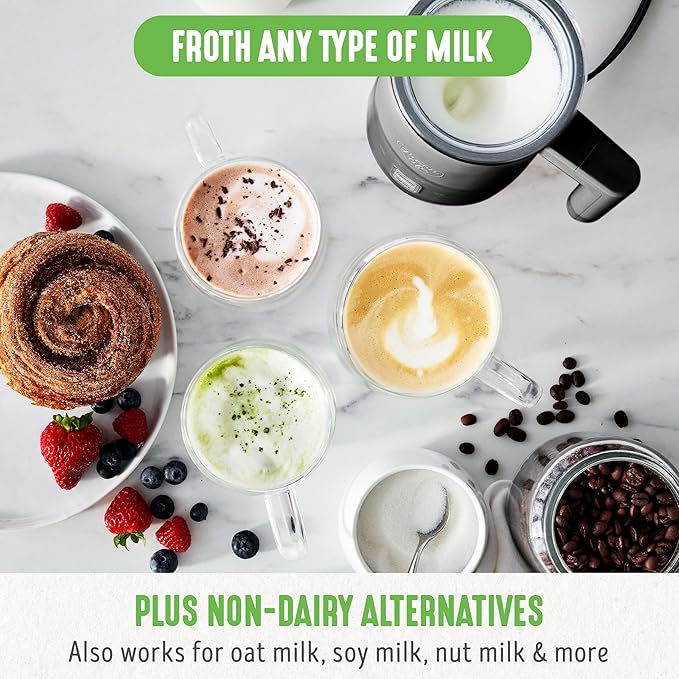 GreenLife Ceramic Electric Milk Frother, 10oz, 4-in-1, Auto Hot and Cold Foam, Dense and Light Foam, PFAS Free, Cordless Milk Warmer and Steamer for Latte, Coffee, Black