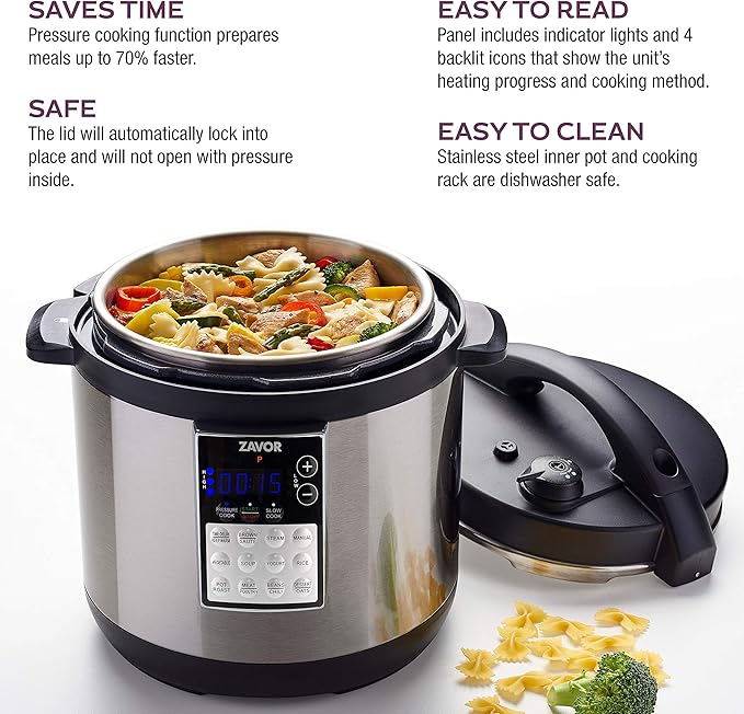 Zavor LUX Edge, 8 Quart Programmable Electric Multi-Cooker: Pressure Cooker, Slow Cooker, Rice Cooker, Yogurt Maker, Steamer and more - Stainless Steel (ZSELE03)