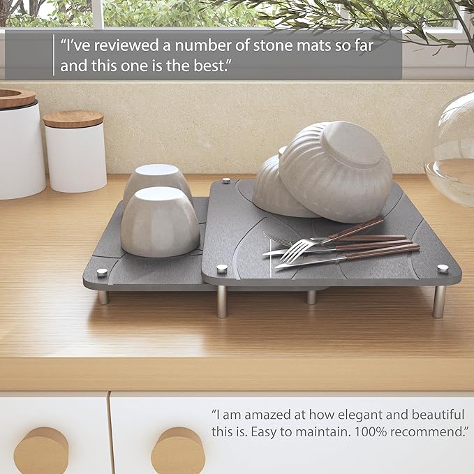 Nested Dish Drying Stone Mat with Bamboo Rack | 2 Pcs Diatomaceous Earth Stone Drying Mats for Kitchen Counter with Non-Slip Feet | Collapsible Large Drying Stone for Dishes (Dark Gray)