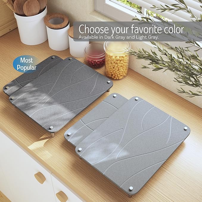 Nested Dish Drying Stone Mat with Bamboo Rack | 2 Pcs Diatomaceous Earth Stone Drying Mats for Kitchen Counter with Non-Slip Feet | Collapsible Large Drying Stone for Dishes (Light Gray)