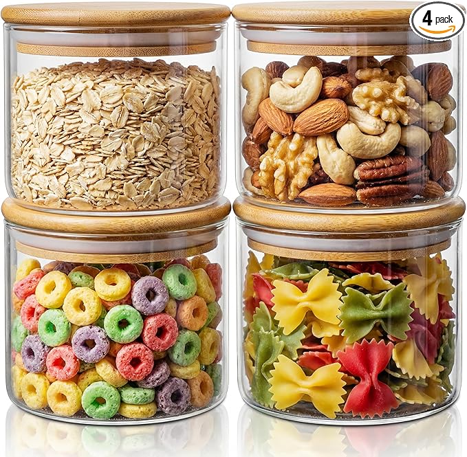 HomArtist 17oz - 4 Pack Glass Jars with Bamboo Lids, Glass Food Storage Containers with Airtight Lids, Air Tight Pantry Storage Containers for Coffee, Sugar, Spice, Meal Prep Jars for Salad & Fruit