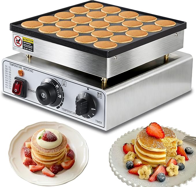 Mini Pancake Maker, 25-Cup Commercial Dutch Pancake Machine, 950W Non-Stick Electric Poffertjes Maker with Temp & Timer for Restaurant, Food Truck, Breakfast Shop