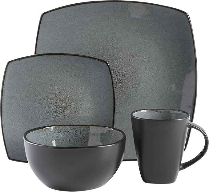 Gibson Elite Soho Lounge Square Reactive Glaze Stoneware Dinnerware Set, Service for 4 (16pc), Eclipse