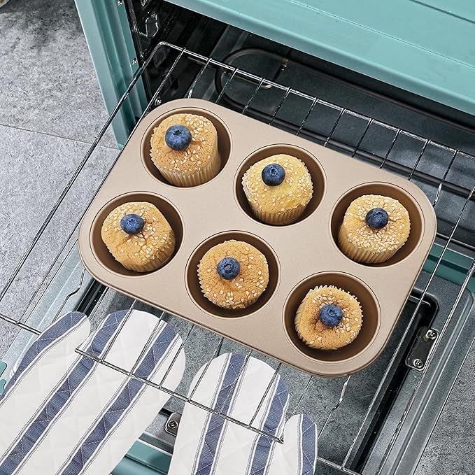 Satax Muffin Pan for Baking, Nonstick Cupcake Tin 6 Cup,sets of 2,Heavy Duty Steel Muffin Pan (Gold, 6-cup)