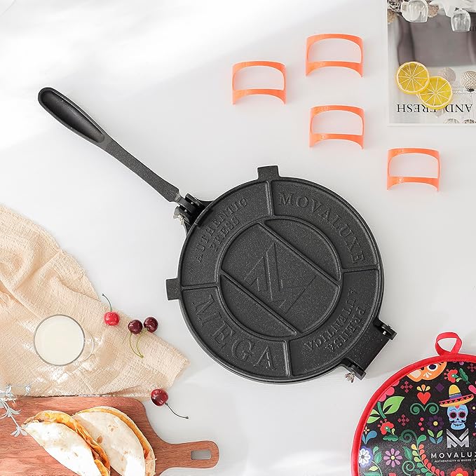 Movaluxe® Tortilla Press 12 Inch Cast Iron MEGA – Corn & Flour Roti Maker Machine Heavy Duty Tortillera Presser. With Parchment Paper, Warmer Pouch, Taco Holders, Rubber Mat & Digital Culinary Guide