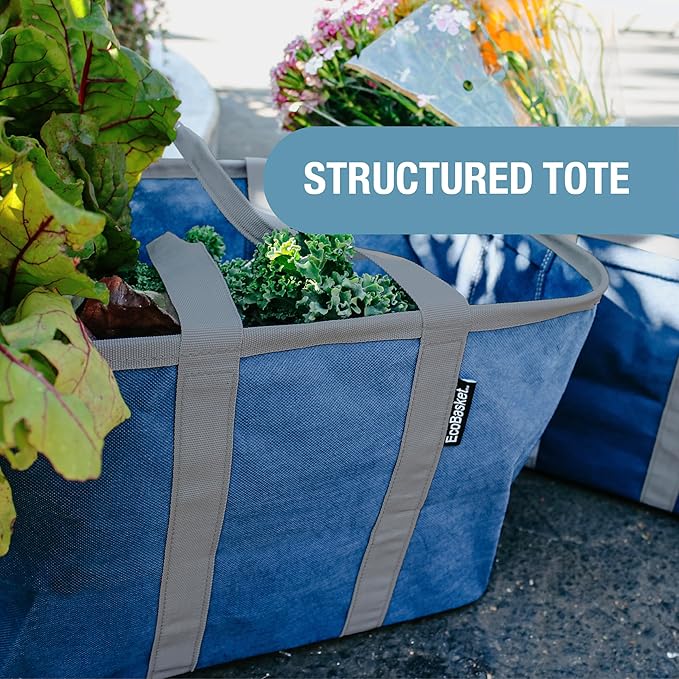 CleverMade EcoBasket Reusable Grocery Tote - 30L - Pack of 3 - Gray Black - Collapsible Storage Shopping Organizer - Heavy Duty Utility Bag Home