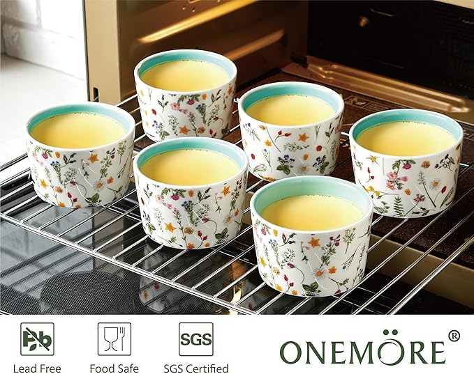 ONEMORE 6 oz Ramekins Oven Safe, Floral Ceramic Ramekin Set of 6 Mint Green Ramekins for Baking & Serving, Creme Brulee Dishes, Custard Pudding Souffle Cups, Small Dessert Bowls for Oven, Air Fryer