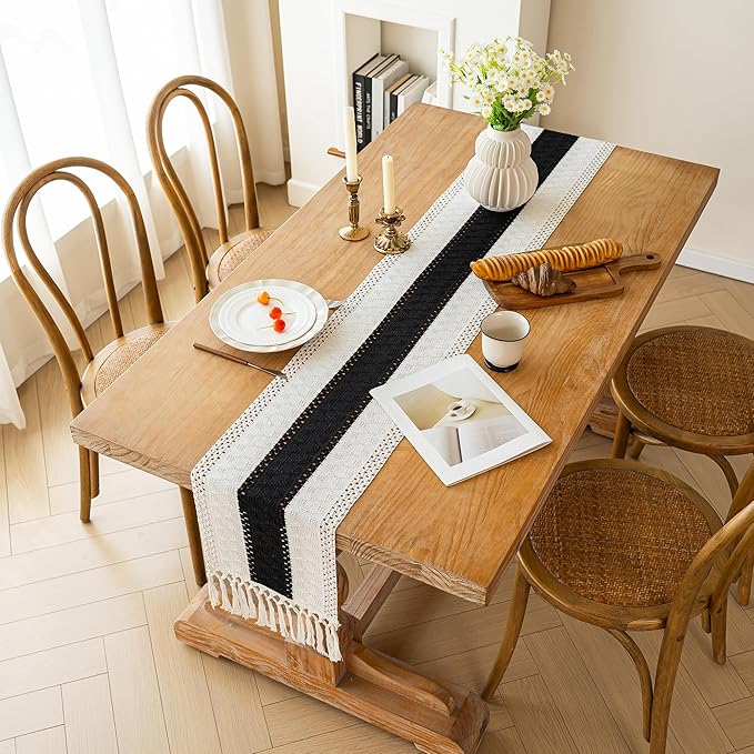 FEXIA Boho Table Runner for Home Decor with Tassels 36 Inches Long,Black Farmhouse Rustic Table Runner Macrame Burlap Table Decoration for Living Room Bridal Shower(12x36 Inches)