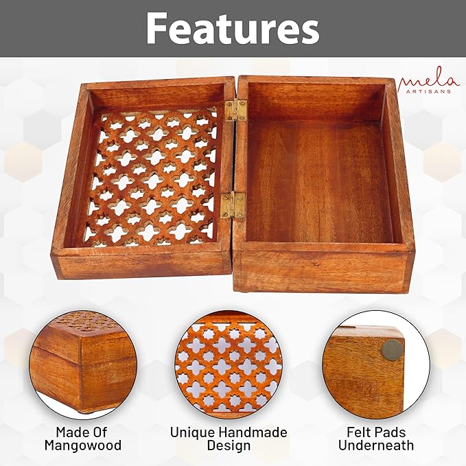 Mela Artisans Medium Polish Wooden Keepsake Box | Handmade Decorative Storage box for Jewelry, Photos & Letters| Elegant Memory & Trinket Box with Hinged Lid |Medium | Trellis Design | 7.5x4.5x3