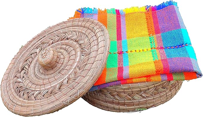 Authentic Mexican Tortilla Warmer Basket - Pine Needle Handwoven with Handloomed Cloth (Natural 7" w cloth)