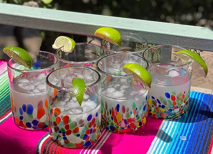 Dos Sueños Hand Blown Mexican Drinking Glasses – Set of 6 Confetti Carmen Tumbler Glasses (10 oz each)