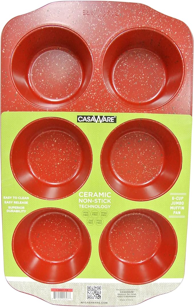 casaWare Jumbo Muffin Pan 6 Cup Ceramic Coated Non-Stick (Red Granite)