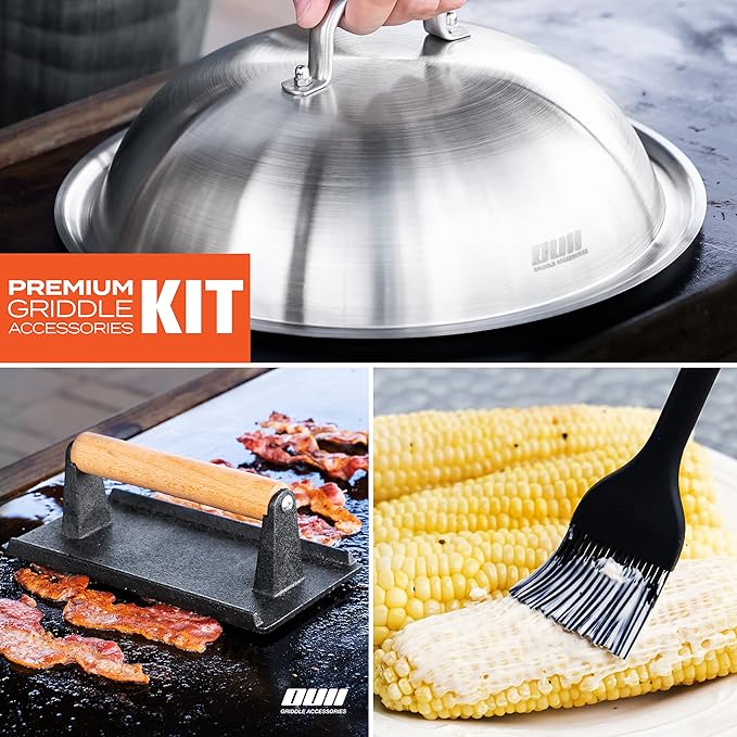 Flat Top Griddle Accessories Set for Blackstone and Camp Chef Griddle - 12 Inch Heavy Duty Round Basting Cover Cheese Melting Dome with Cast Iron Burger Bacon Press & Basting Brush