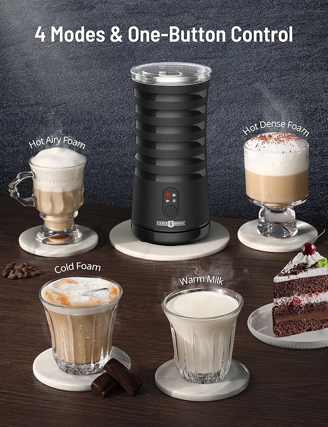 Milk Frother, PARIS RHÔNE 4-in-1 Automatic Coffee Frother, 240ml, 400w, Non-Slip Stylish, Hot & Cold Electric Milk Warmer with Temperature Control, Auto Shut-Off for Coffe, Latte, Cappuccino