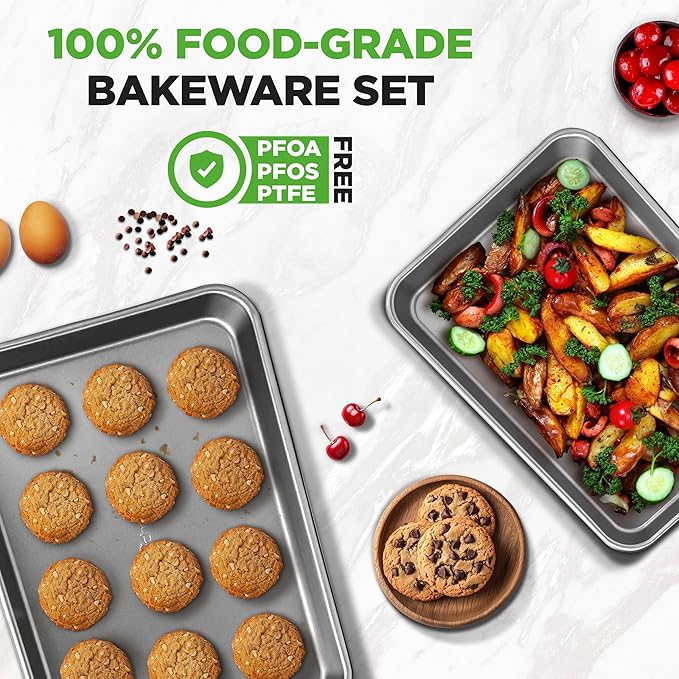 NutriChef 2-Piece Nonstick Cookie Sheet Baking Pan Set - Premium Bake Trays w/ Sleek Non-Stick Coating PFOA, PFOS, & PTFE Free - Large (15"x11") & Medium (13"x9") - Dishwasher Safe