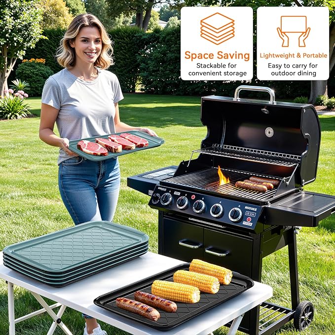 Serving Trays for Party - Set of 4, Large Serving Platters for Raw and Cooked Food, Dishwasher Safe, 17×10.5-inch Stackable Plastic Party Supplies for Grilling, BBQ, Meal Prep (Green, Black)