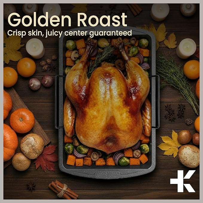 BAKKEN Nonstick Turkey Roasting Pan with Rack – Large Heavy-Duty Carbon Steel Roaster with Wide Handles, Ideal for Roasting, Baking & Grilling, Oven Safe up to 450°F, Gray Marble Finish 17 x 13-Inch