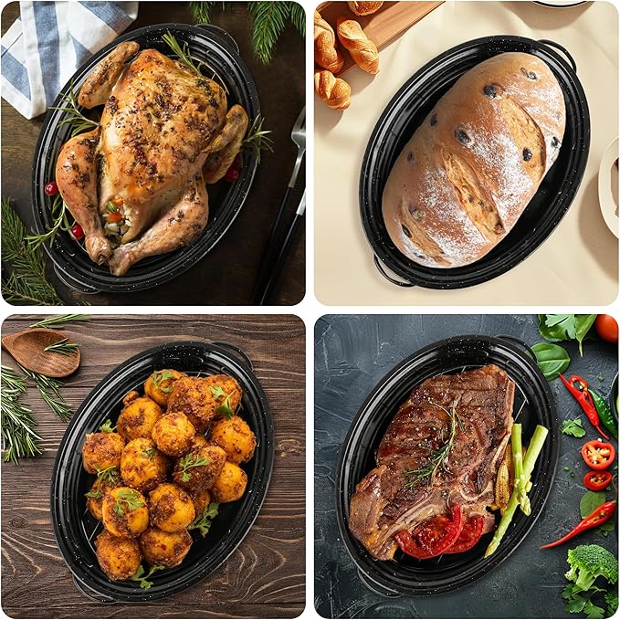 18” Roaster Pan with Lid and Rack, Large Enamel Roaster Pan with Oval Roasting Rack, Granite Baking Pot for Chicken Turkey Lamb, Heat Resistant, Oven/Dishwasher/All Stovestops Compatible