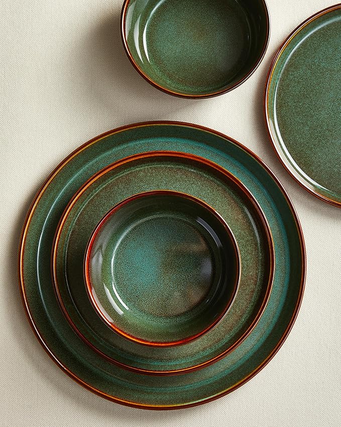 Pokini Plates and Bowls Sets for 6, Ceramic Dinnerware Sets, Kitchen Dish Set, Microwave & Dishwasher Safe Dishware, Highly Durable Reactive Glazed Dinner Set, Brown Green