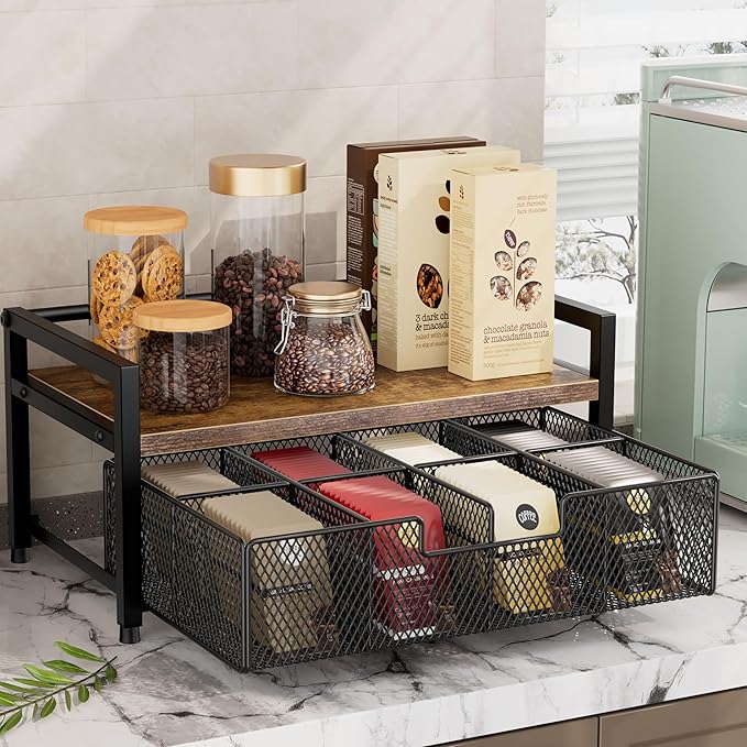Tea Bag Organizer, Tea Bag Holder with Drawer, Wood and Metal Tea Organizers and Storage Chest for Countertop Kitchen, Office, Rustic Brown