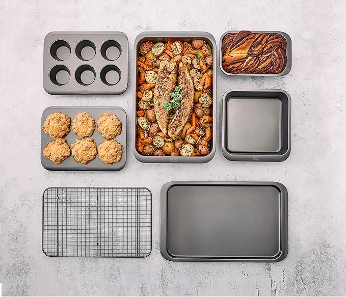 Chicago Metallic 7-Piece Nesting Bakeware Set - Carbon Steel Nonstick Baking Sheet, Loaf Pan, Muffin Pan, Cake Pan, Roaster and Cooling Rack - Space-Saving Kitchen Essentials