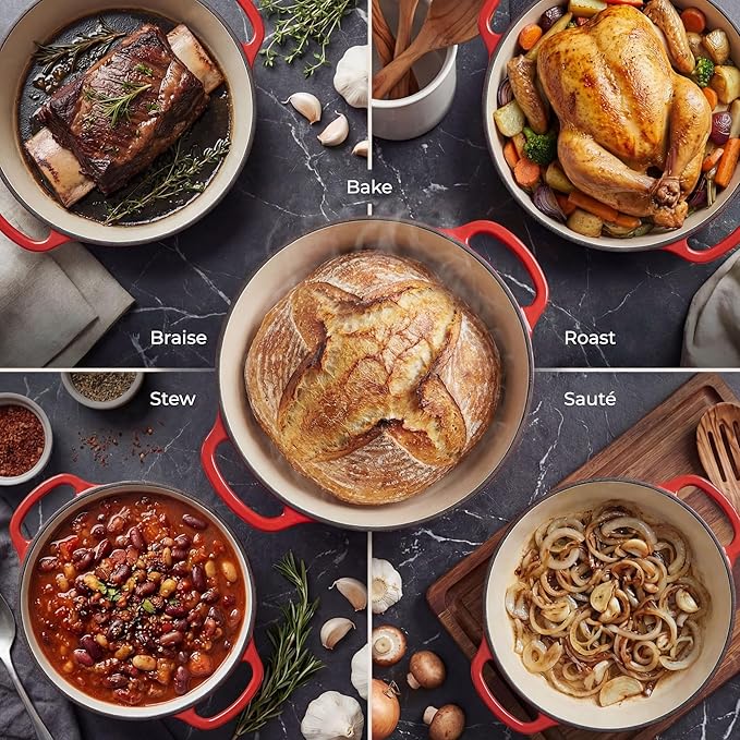 Zulay Kitchen 6.4 Quart Enameled Cast Iron Dutch Oven Pot with Lid – Premium Durability & Oven Safe up to 500°F – Heavy Duty Cookware Perfect for Bread Baking, Stews, Braising & Roasting - Ablaze Red