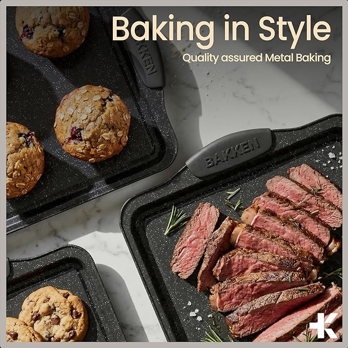 BAKKEN Kitchen Baking Pans - 15.15 x 10.03" Medium Nonstick Sheet, Durable Carbon Steel Cookie Sheet with Gray Silicone Handles, PFOA, PFOS, PTFE Free, Oven Safe Tray (Up To 450°F), Set of 1