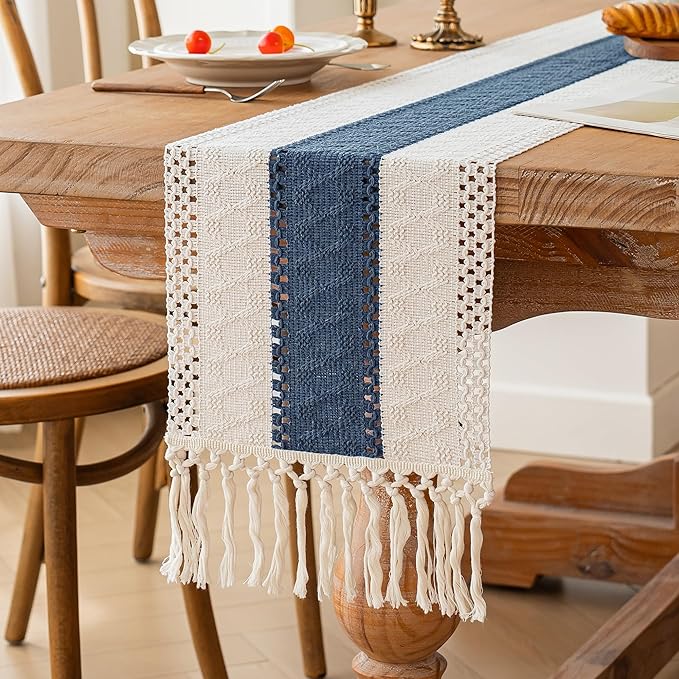 FEXIA Boho Table Runner for Home Decor with Tassels 60 Inches Long,Blue Farmhouse Rustic Table Runner Macrame Burlap Table Decoration for Living Room Bridal Shower(12x60 Inches)