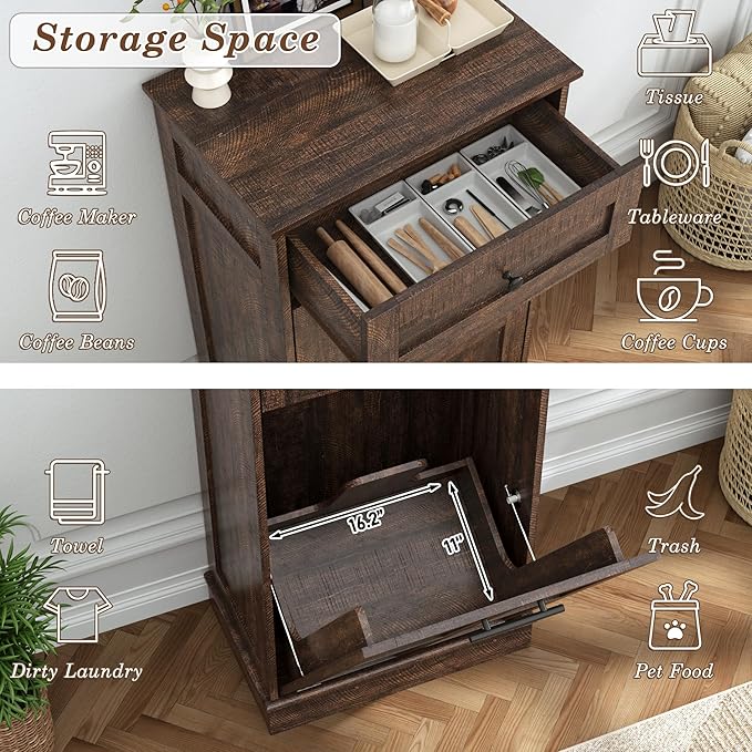 chartustriable Farmhouse Tilt-Out Trash Can Cabinet, 13 Gallon Laundry Hamper with Drawers, Wooden Hidden Garbage Can Cabinet w/Storage for Kitchen & Living Room, Brown