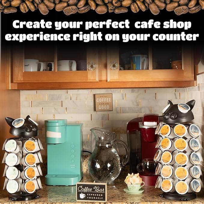 Made Easy Kit Carousel Coffee Pod Holder - Compatible with Keurig K-Pods K-Cups - Countertop 360 Spin Rack Storage Organizer - Revolving Base - Capsule Café Station Bar (Cat Black, Large)