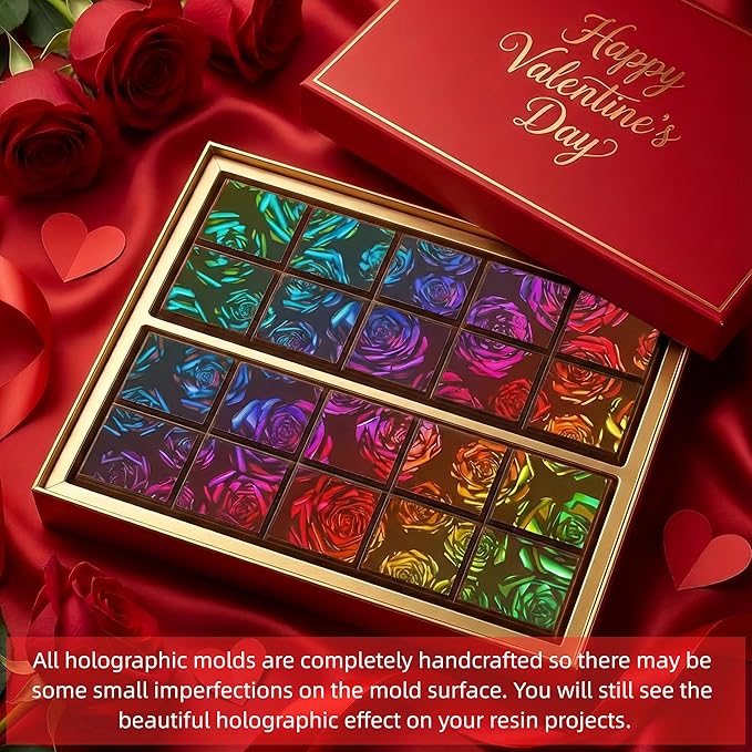 Ziliny Rose Holographic Chocolate Bar Mold Silicone, Rainbow Light Effect Chocolate Bar Deep Thick Molds for DIY Candy Dessert Baking, Candy, Wax Melts, Cake Decoration (Square)