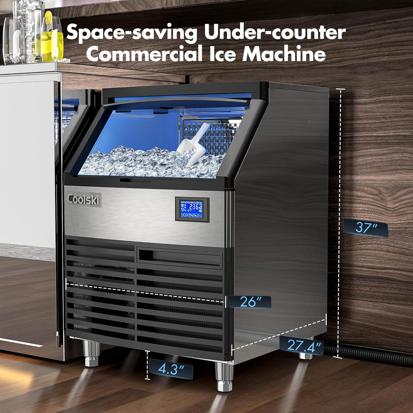 Commercial Ice Maker Machine 200LBS/24H, 26’’ Under Counter Ice Machine with 80LBS Storage Capacity, Stainless Steel Ice Maker for Restaurant/Bar/Home, Air Cooled/Clear Ice Cubes/ETL Approved