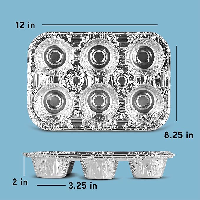 PLASTICPRO Aluminum Foil Muffin Pans Reusable and Disposable, Muffin & Pie foil Pan (10, 6 cavity XL)