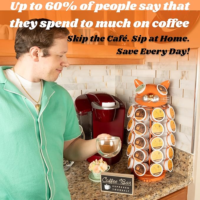 Made Easy Kit Carousel Coffee Pod Holder - Compatible with Keurig K-Pods K-Cups - Countertop 360 Spin Rack Storage Organizer - Revolving Base - Capsule Café Station Bar (Cat Orange, Large)