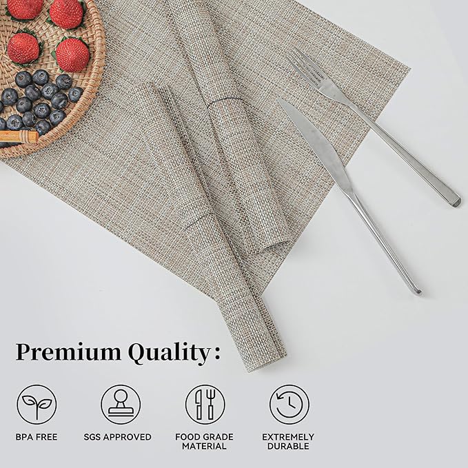 Leetaltree Linen Yellow Placemats Set of 12 - Heat Resistant Non-Slip Place mats for Dining Table, Washable Durable PVC Vinyl Woven Table Mats（Linen Yellow, 12）