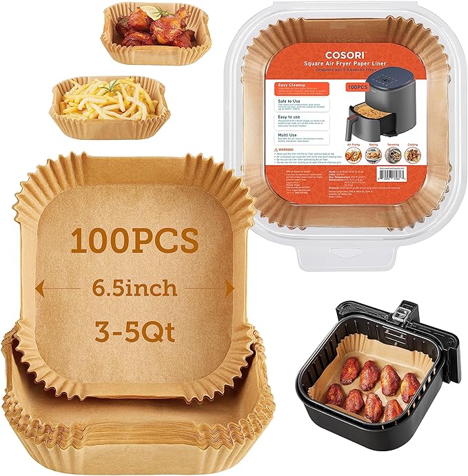 COSORI Small Air Fryer Oven 2.1 Qt, 4-in-1 Mini Airfryer, Bake, Roast, Reheat, Space-saving & Low-noise & Air Fryer Liners, 100 PCS Square Disposable Paper Liners, Non-Stick