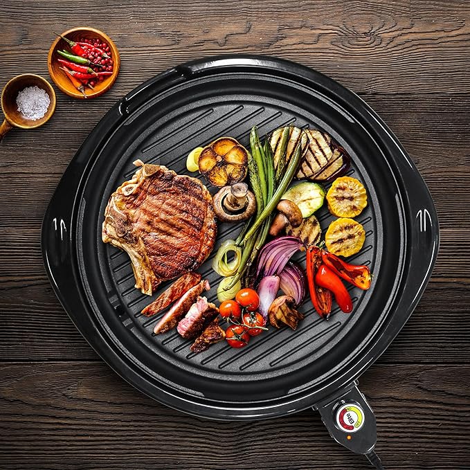 Elite Gourmet EMG-980BX Large Indoor Electric Round Nonstick Grill Cool Touch Fast Heat Up Ideal Low-Fat Meals Dishwasher Safe Includes Glass Lid, 14", Black