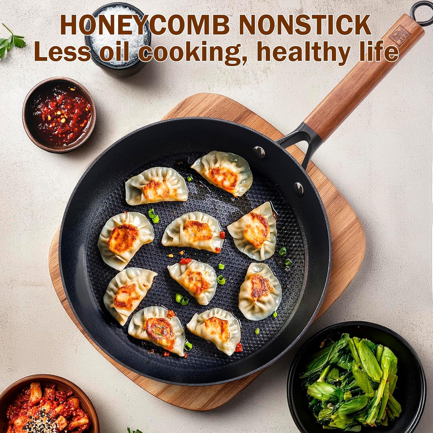 DM Cast Iron Skillet, 10 Inch Nonstick Frying Pan with Detachable Acacia Wooden Handle, Honeycomb Non stick Omelet Egg Pan, Easy Clean Oven Safe Pans for Cooking