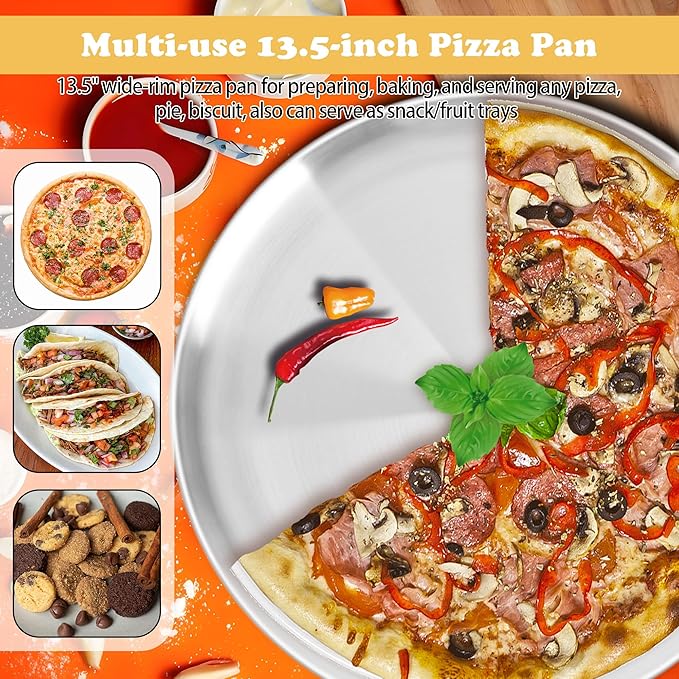 AWTBDP 13½ Inch Pizza Pan for Oven set of 2, Non-Stick Large Round Stainless Steel Pizza Pans plates, Durable Non-Toxic Pizza Steel Tray for Baking Cookie Pie Pizza Cake, Dishwasher Safe & Easy Clean