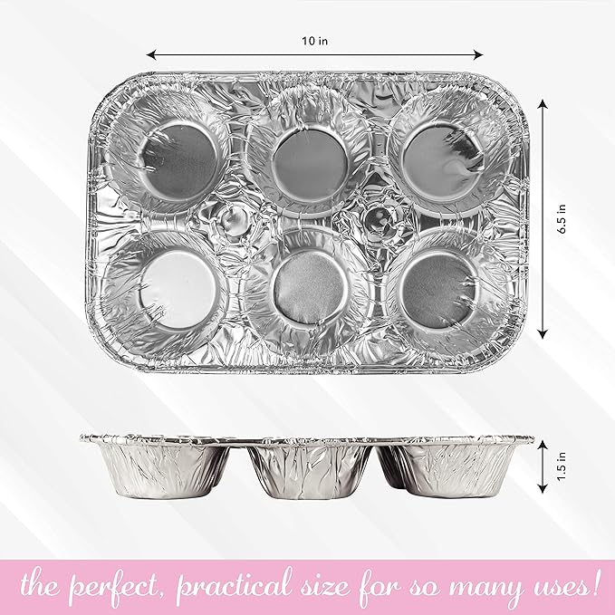 PLASTICPRO Aluminum Foil Muffin Pans Reusable and Disposable, Holds 6 Cupcakes/Muffin & Pie foil Pan Pack of 20
