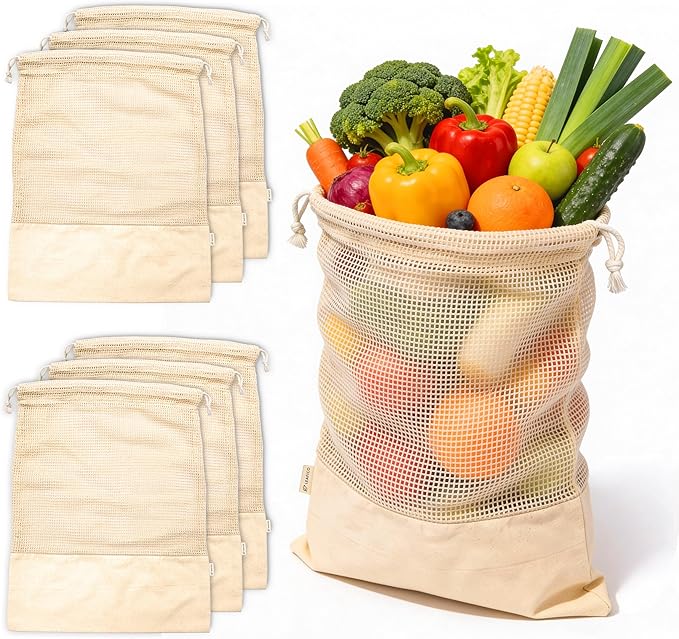 LEAFICO Reusable Produce Bags – 100% Cotton Mesh & Solid Hybrid (XL 14x18 inch 6 Pcs) – Extra Large Bags for Potatoes, Laundry, Toys, Bulk Storage – Washable, Plastic-Free, Breathable, Zero Waste