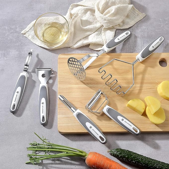 Stainless Steel Potato Masher & Peeler Set (6PCS Set - Gray) - Includes Potato Ricer, Wire Masher, Multi-purpose Peelers, Comfortable Grip Design For Kitchen, Free Silicone Brush and Oven Mitt