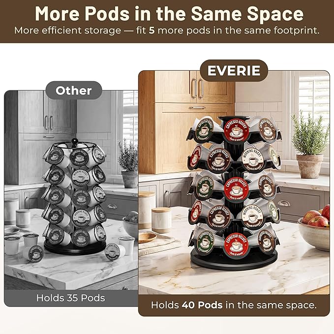 EVERIE Coffee Pod Carousel Organizer for Countertop, Holds 40 Single-Serve Coffee Pods, Smooth 360° Rotating Holder, Space-Saving Coffee Station Storage, Compact 8" x 8" x 12.4"