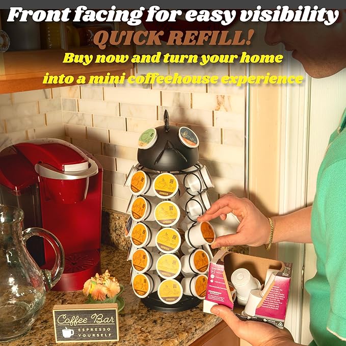 Made Easy Kit Carousel Coffee Pod Holder - Compatible with Keurig K-Pods K-Cups - Countertop 360 Spin Rack Storage Organizer - Revolving Base - Capsule Café Station Bar (Rooster Black, Large)