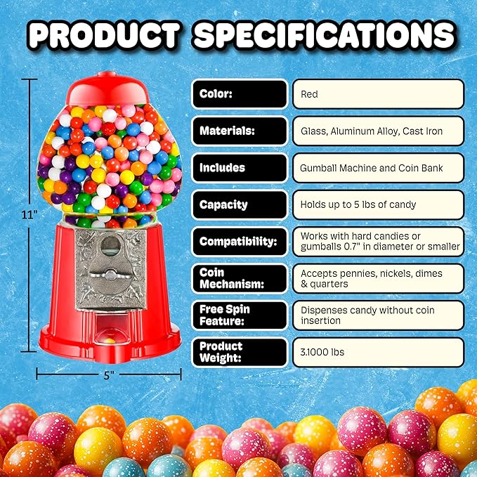 Vintage Gumball Machine - 11-Inch Retro-Style, Coin-Operated Cast Metal Vending Machine with Glass Globe and Free Spin by Great Northern Popcorn (Red)