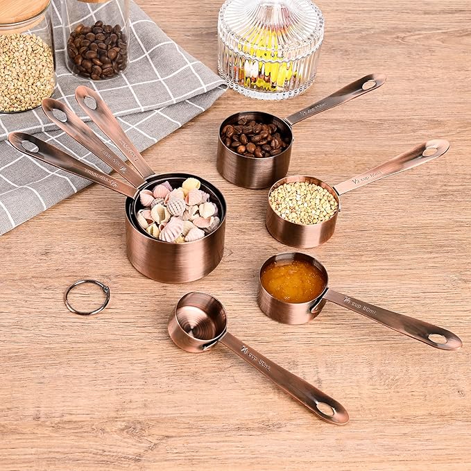 Copper Measuring Cups Set 7, Metric & US Stainless Steel Measuring Cups for Kitchen & Baking, Metal Measure Cup Set with 2/3 & 3/4 Measure Cups