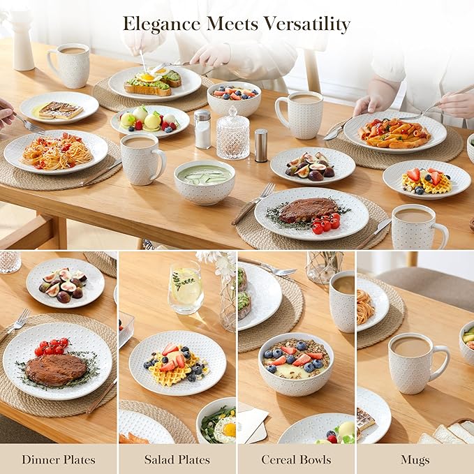 MALACASA 16 Pieces Dinnerware Sets, Modern Relief Design Plates and Bowls Sets, White Dish Set for 4, Kitchen Ceramic Dinner Plates Dishware Set, Microwave and Dishwasher Safe, Series LYDIA